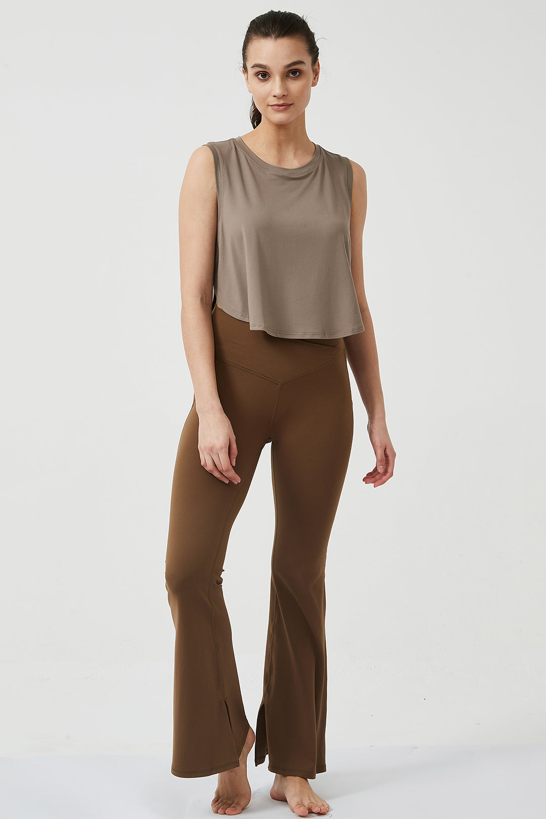 Crossover High Waisted Back Pocket Split-Hem Super Flare Leggings