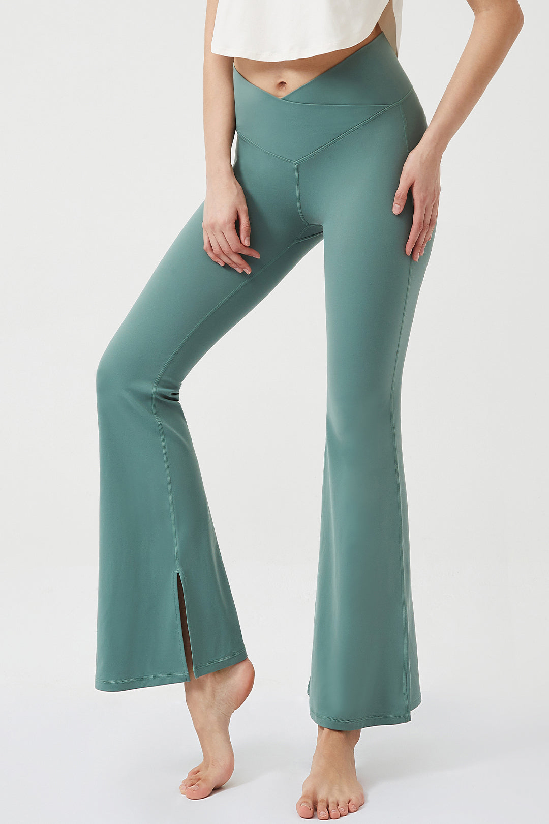 Crossover High Waisted Back Pocket Split-Hem Super Flare Leggings – Rexing