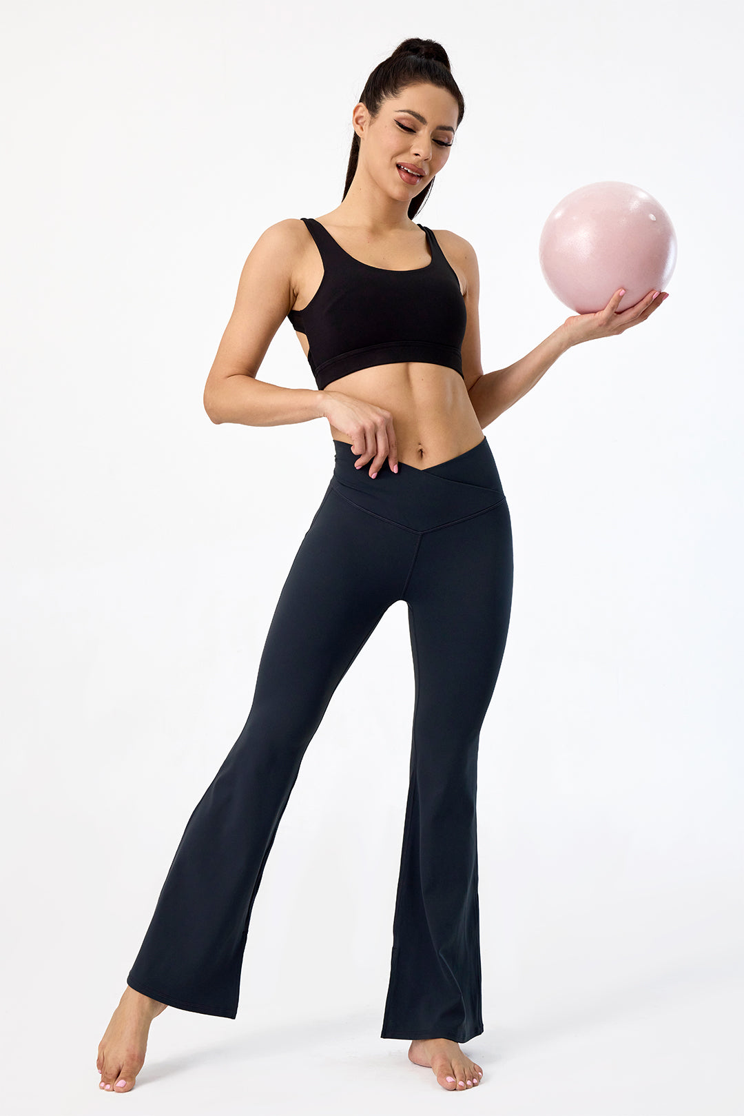 Crossover High Waisted Back Pocket Split-Hem Super Flare Leggings